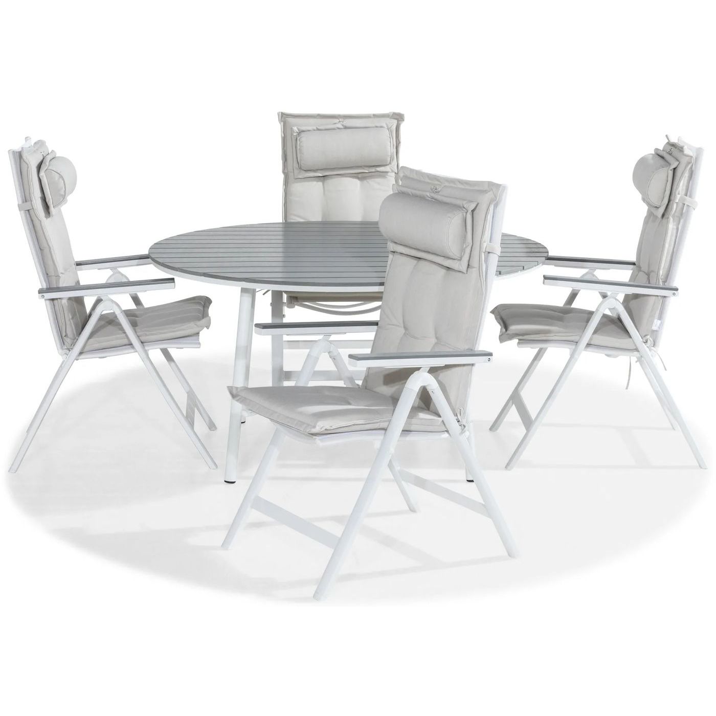 Ruokailuryhmä Tunis Ø140cm, 4 Monaco Light -tuolia, valkoinen/harmaa + luonnonvalkoiset pehmusteet, niskatyynyt