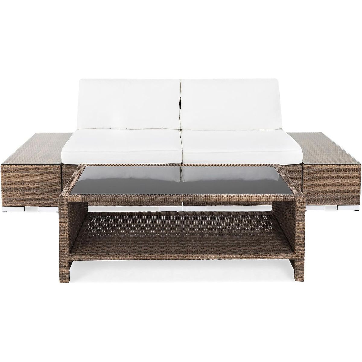 Oleskeluryhmä Bahamas, 2-istuttava sohva + 2 päätypöytää + sohvapöytä hyllyllä, hiekka/valkoinen