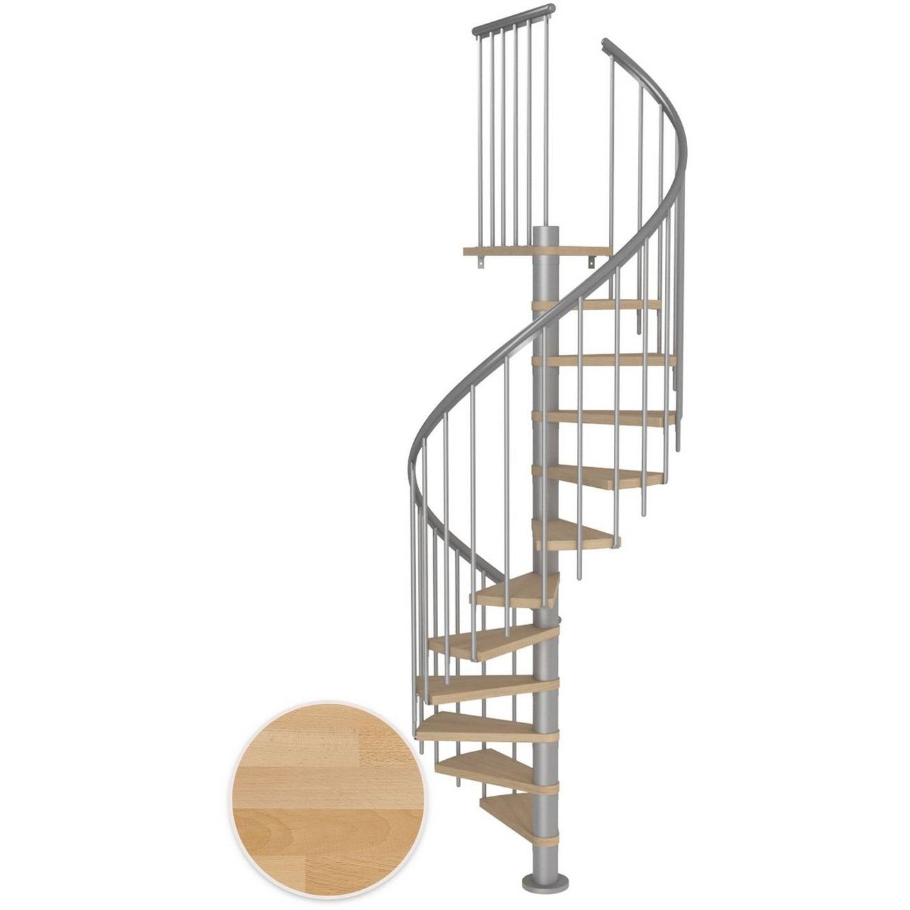 Kierreportaat Dolle Montreal, Classic III -kaide, öljytty pyökki, helmenharmaa, Ø120cm, 13 askelmaa