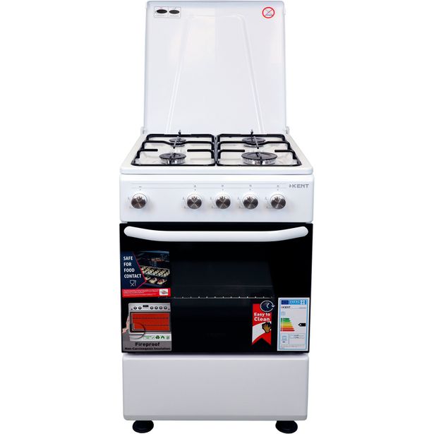 Kaasuliesi uunilla Kent 50x50x85cm, 4 poltinta, grillitoiminto, taittuva suojakansi, valkoinen