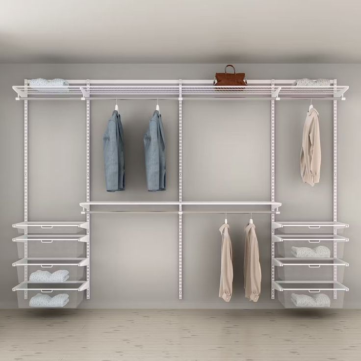 Vaatesäilytysratkaisu Elfa Classic 8, vaatetangot, lankahyllyt ja mesh-korit, leveys 3063mm, valkoinen