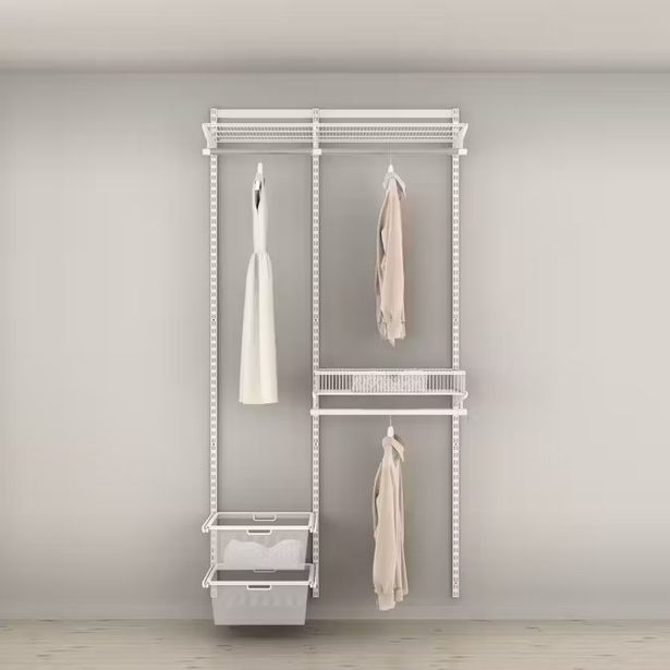 Vaatesäilytysratkaisu Elfa Classic 11, vaatetangot, lankahyllyt, lankahyllykori ja mesh-korit, leveys 1096mm, valkoinen