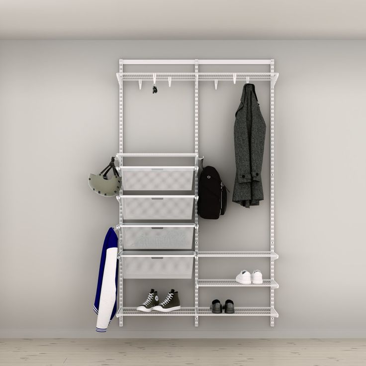 Eteisen säilytysratkaisu Elfa Classic 7, mesh-korit, lankahyllyt ja koukut, leveys 1253mm, valkoinen