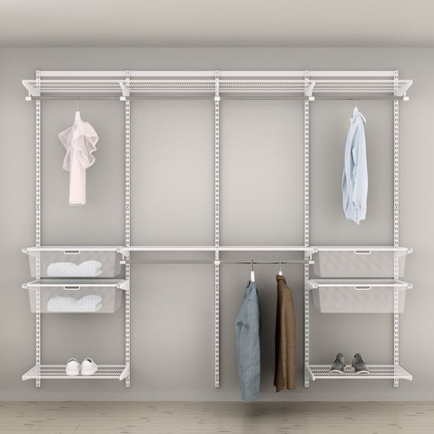 Vaatekaappiratkaisu Elfa Classic 18, vaatetangot, lankahyllyt ja mesh-korit, leveys 2471mm, valkoinen