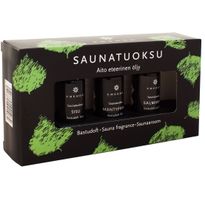 Saunatuoksusetti Emendo Musta puutelineessä, 3 x 10 ml, Salmiakki + Mäntypihka + Sisu 