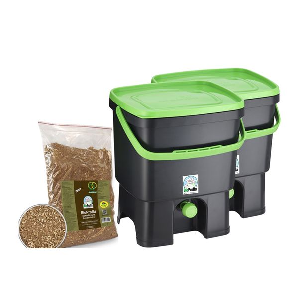 Bokashi keittiökompostori BioProffa Organko tuplapakkaus, 16l, musta/vihreä