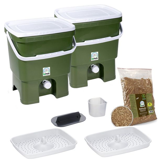 Bokashi keittiökompostori BioProffa Organko tuplapakkaus, 16l, oliivinvihreä/valkoinen, Verkkokaupan poistotuote
