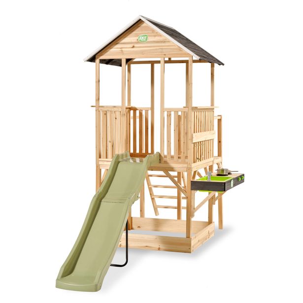 Puinen leikkimökki EXIT Panorama 550, liukumäellä, mutakeittiöllä ja hiekkalaatikolla