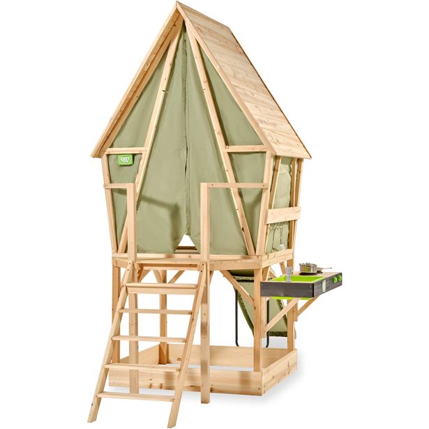 Leikkimökki EXIT Yuki 550, liukumäellä, mutakeittiöllä ja hiekkalaatikolla