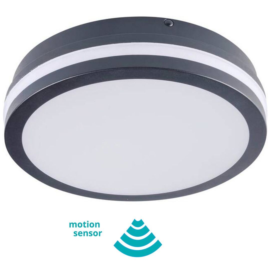 LED-kattovalaisin Kanlux Beno, liiketunnistimella, IP54, Ø26cm, antrasiitti