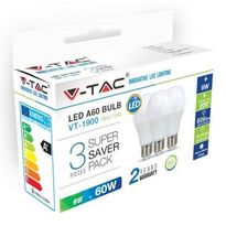 LED-lamppu V-TAC A60 Vt-1900, E27, 10W, 2700K, Ø 60mm, valkoinen, 3 kpl/pkt
