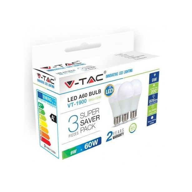 LED-lamppu V-TAC A60 Vt-1900, E27, 10W, 2700K, Ø 60mm, valkoinen, 3 kpl/pkt
