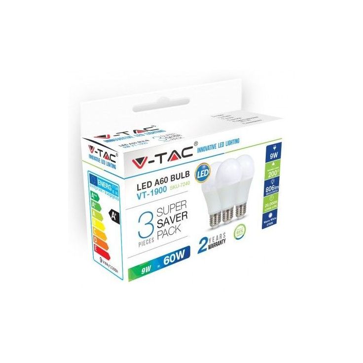 LED-lamppu V-TAC A60 Vt-1900, E27, 10W, 2700K, Ø 60mm, valkoinen, 3 kpl/pkt