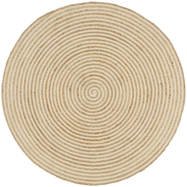 Juuttimatto, Ø120cm, käsinkudottu, valkoisella spiraalikuviolla