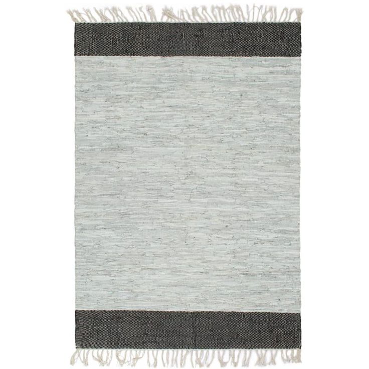Chindi-matto, 160x230cm, käsinkudottu, nahka, vaaleanharmaa/musta