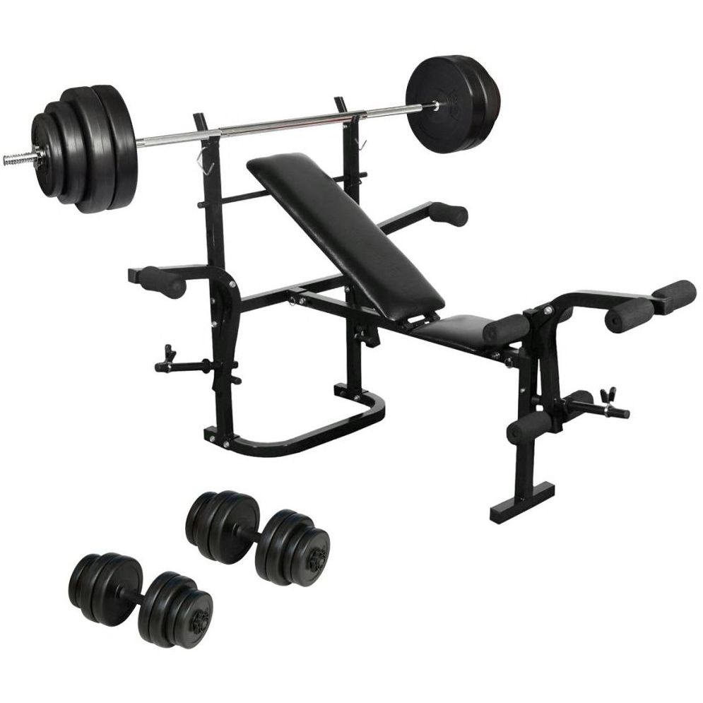 Kokoontaitettava painonnostopenkki käsipainoilla ja levytangolla