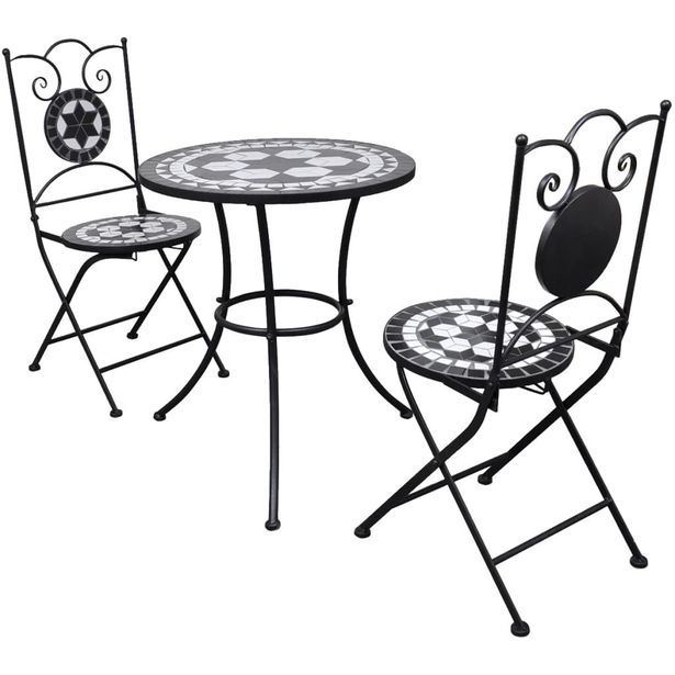 Bistrokalustesarja 3-osainen, mosaiikki, musta ja valkoinen
