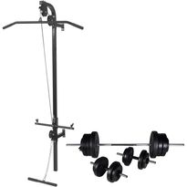 Seinään kiinnitettävä kuntolaite levytanko- ja käsipainosarjalla, 60.5kg