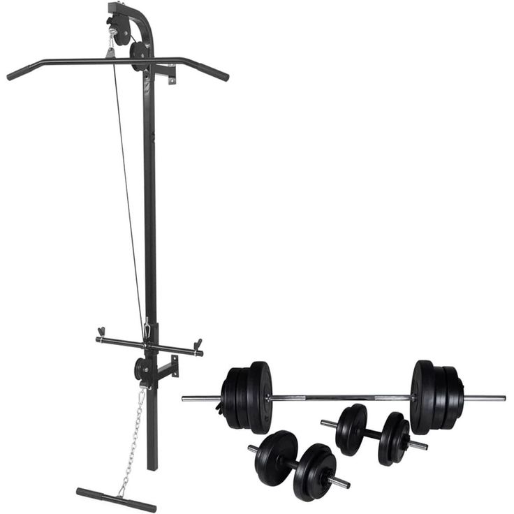 Seinään kiinnitettävä kuntolaite levytanko- ja käsipainosarjalla, 60.5kg