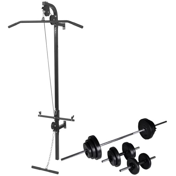 Seinään kiinnitettävä kuntolaite levytanko- ja käsipainosarjalla, 30.5kg