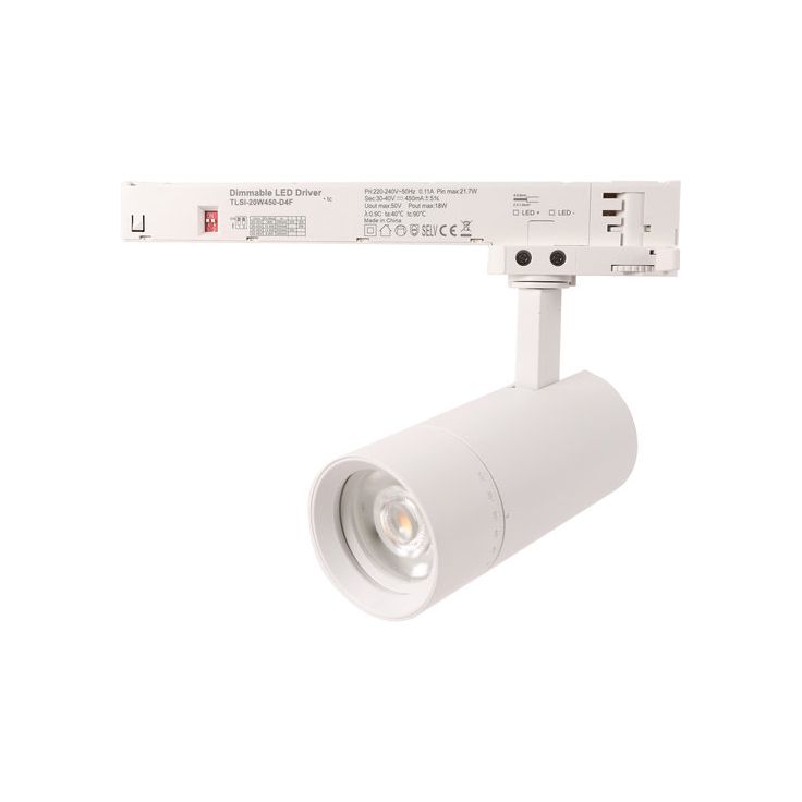 Kiskospotti FTLIGHT, 3-vaihekiskoon, zoomattava 24–60°, 10W/15W/20W, 1950lm, 3000–5000K, CRI>90, Triac-himmennettävä, valkoinen