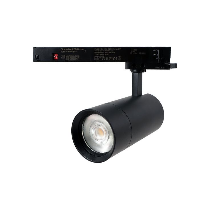 Kiskospotti FTLIGHT, 3-vaihekiskoon, zoomattava 24–60°, 20W/25W/30W/35W, 2600lm, 3000–5000K, CRI>90, Triac-himmennettävä, musta