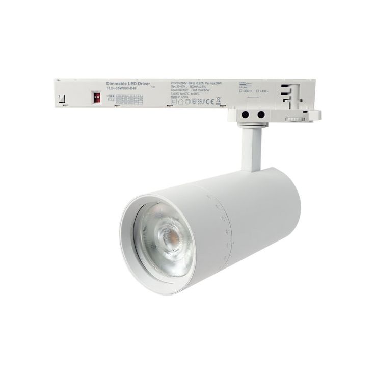 Kiskospotti FTLIGHT, 3-vaihekiskoon, zoomattava 24–60°, 20W/25W/30W/35W, 3250lm, 3000–5000K, CRI>90, Triac-himmennettävä, valkoinen