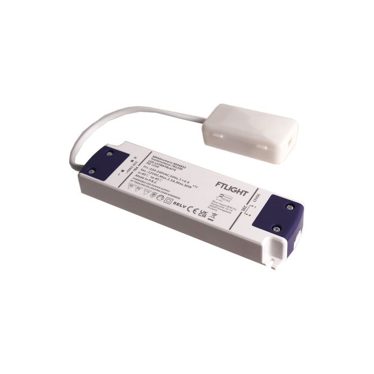 LED-vakiojännitelähde FTLIGHT, 12V, 30W, Triac-himmennettävä, IP20, kytkentäboksilla