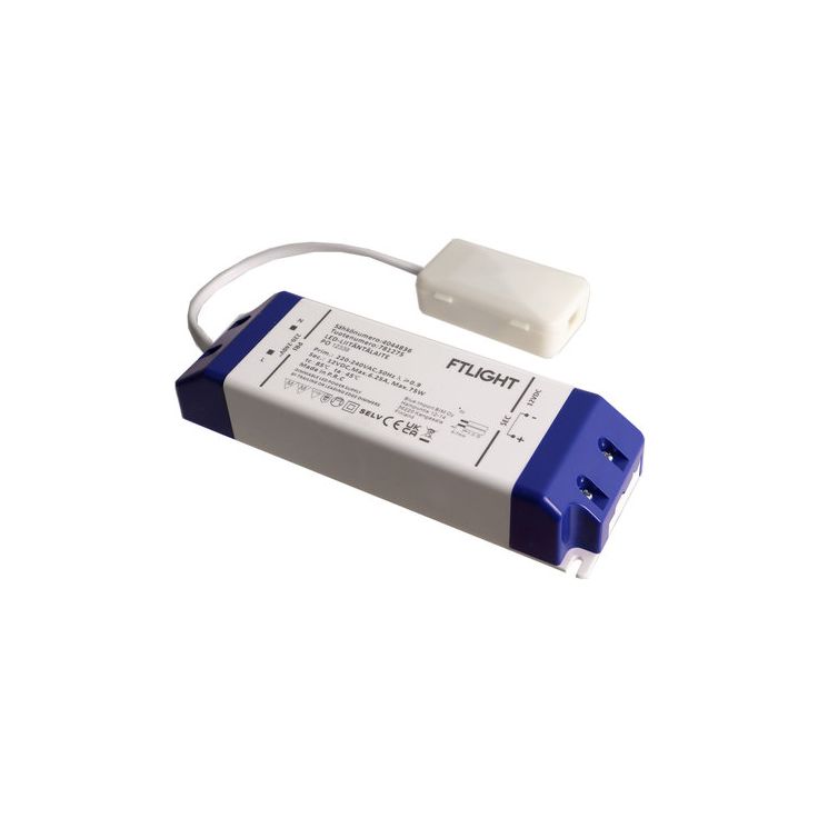LED-vakiojännitelähde FTLIGHT, 12V, 75W, Triac-himmennettävä, IP20, kytkentäboksilla