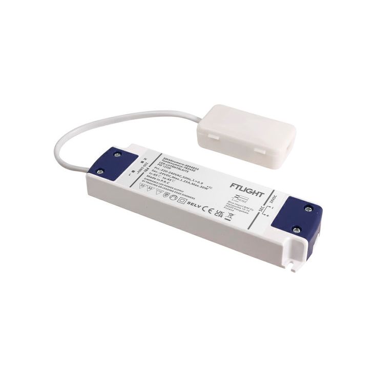 LED-vakiojännitelähde FTLIGHT, 24V, 30W, Triac-himmennettävä, IP20, kytkentäboksilla