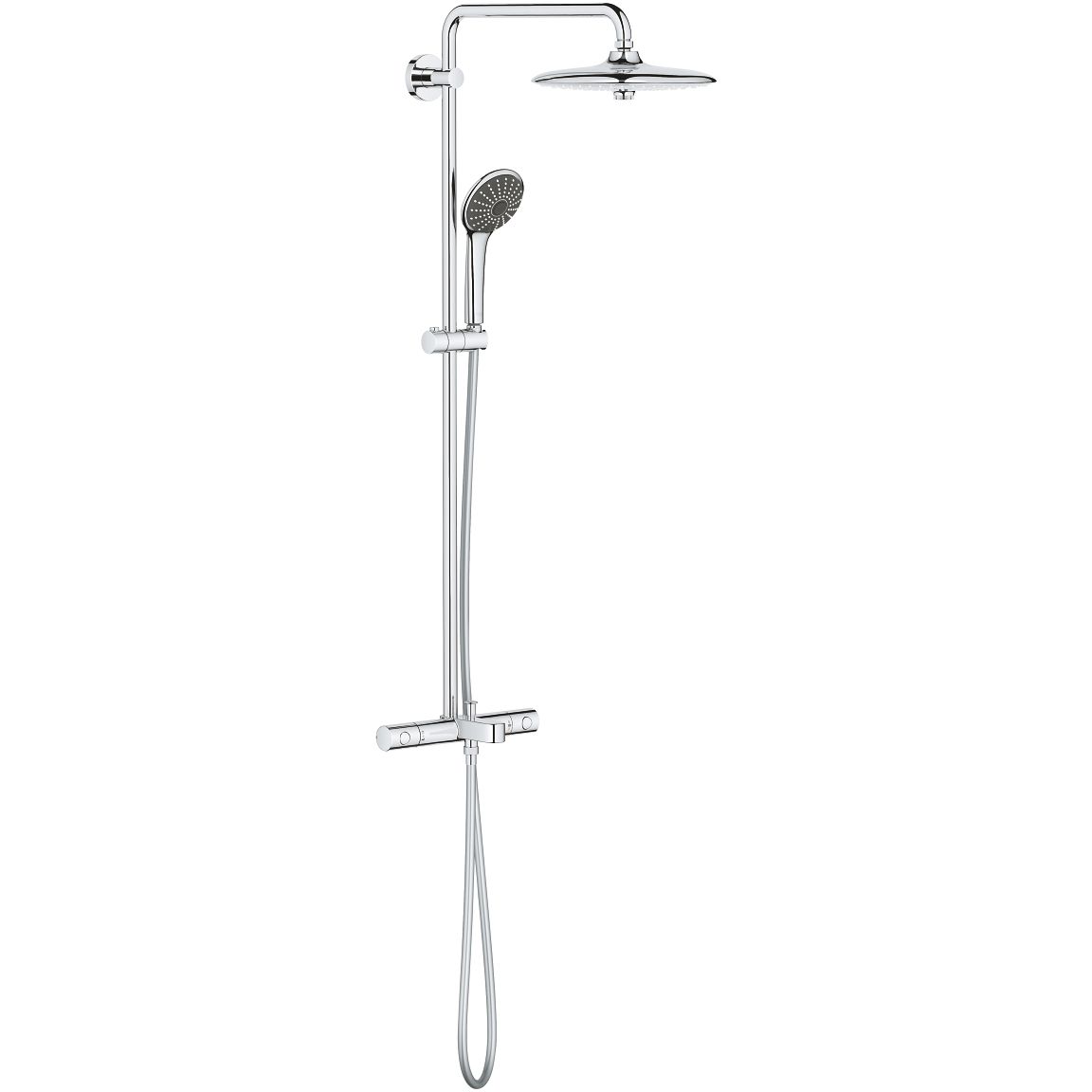 Sadesuihkusetti Grohe Vitalio Joy, termostaattihanalla, juoksuputkella, hierova suihku, suihkupää ⌀260mm, kiiltävä kromi