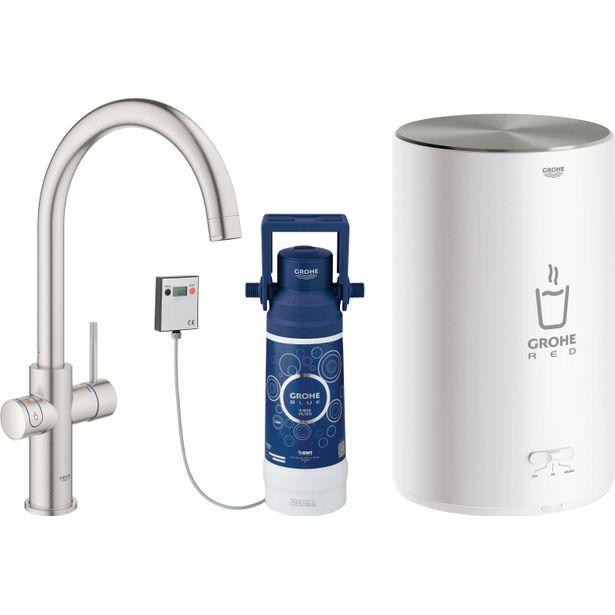 Keittiöhana Grohe Red Duo teräs, M-koon kuumavesivaraajalla