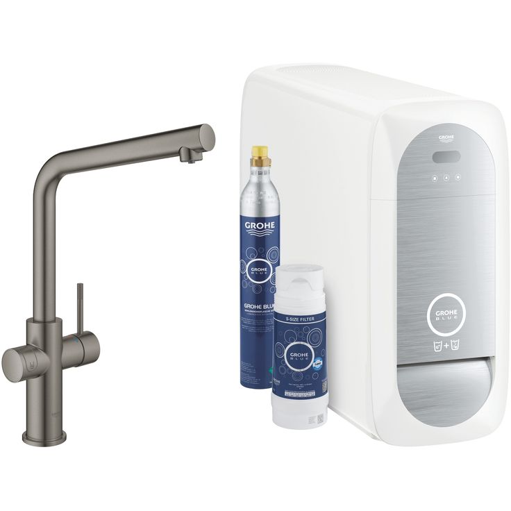 Keittiöhanapaketti Grohe Blue Home L, hiilihapotuslaitteella, brushed hard graphite