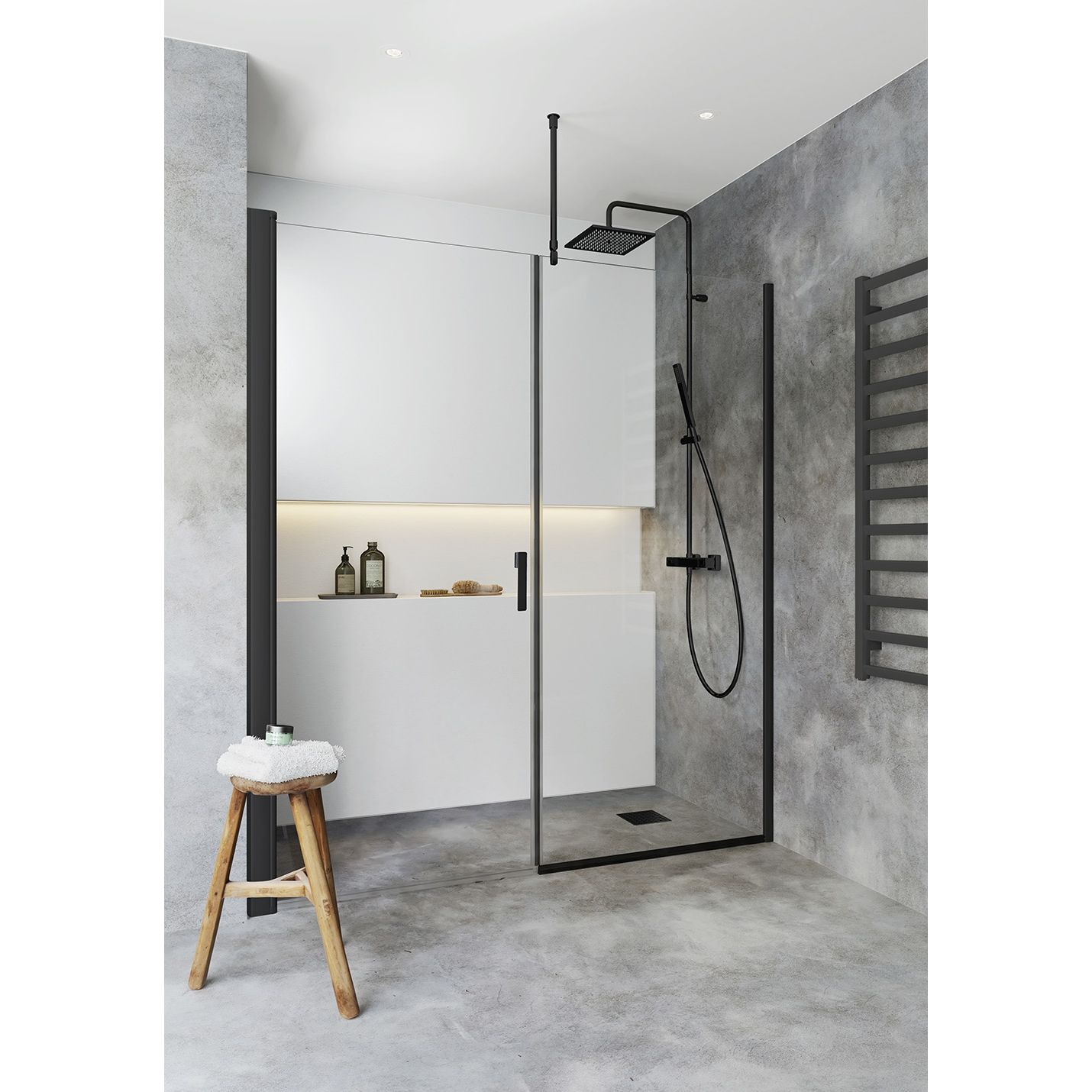 Suihkuovi syvennykseen Hafa Igloo Pro Niche, ovi 70, kiinteä seinä 70, kirkas lasi, musta profiili