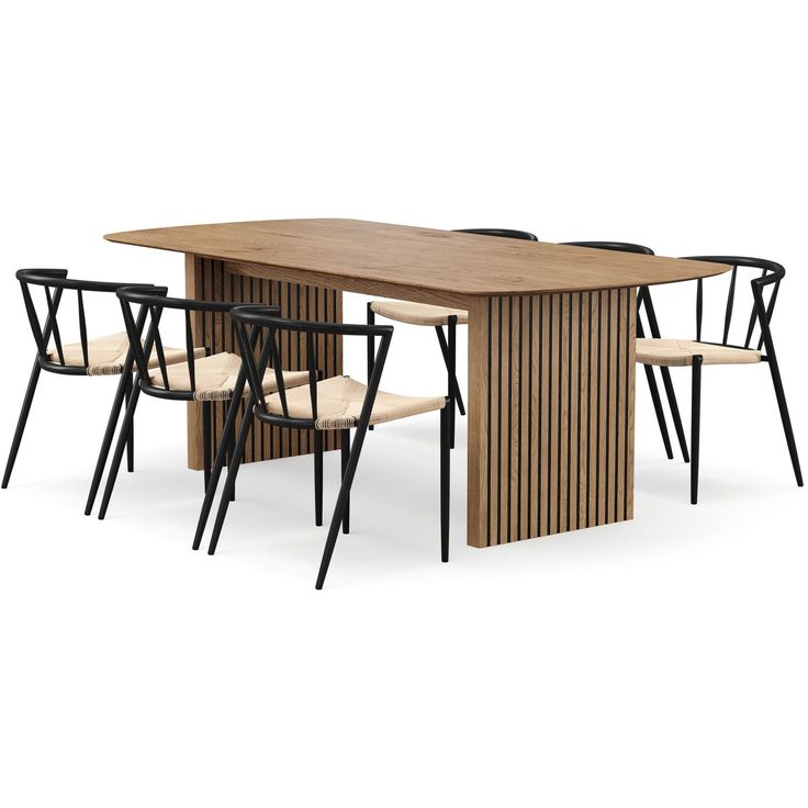 Richeto-ruokapöytä 210 cm ja 6 Winston-ruokatuolia Bark Luonnollinen viimeistely / Beige / Metallijalat musta, Musta