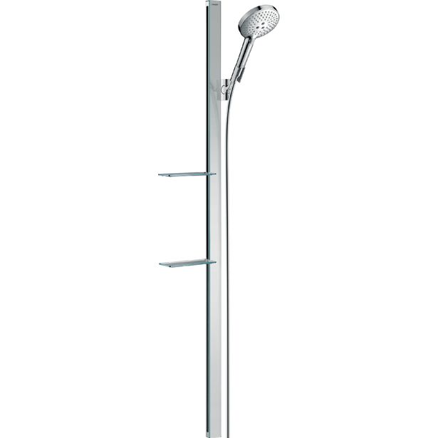 hansgrohe Raindance Select S suihkusetti 120 3jet tanko 150 cm, lasipinta, 2 saippua-alustaa