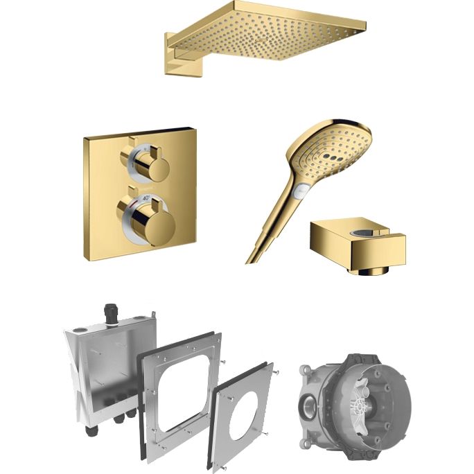 Sadesuihkusetti Hansgrohe ShowerSelect/Raindance E 300 Air, termostaattihanalla, piiloasennus, hierova suihku, suihkupää ⌀300mm, kiiltävä kulta