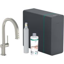Keittiöhana Hansgrohe Aqittura M91 SodaSystem 210, ulosvedettävä juoksuputki 1jet, sBox, setti, ruostumaton teräs
