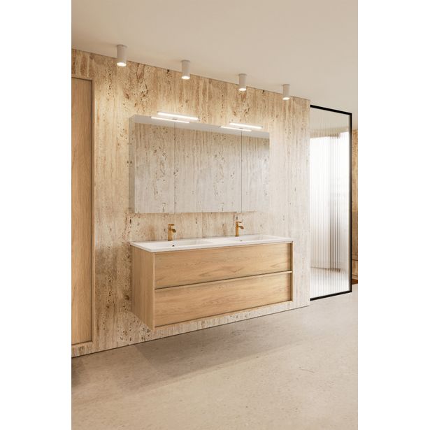 Allaskaappi kaksoisaltaalla Hietakari Casa H02, 1190x457x500 mm, vaalea tammi, valkoinen keraaminen allas