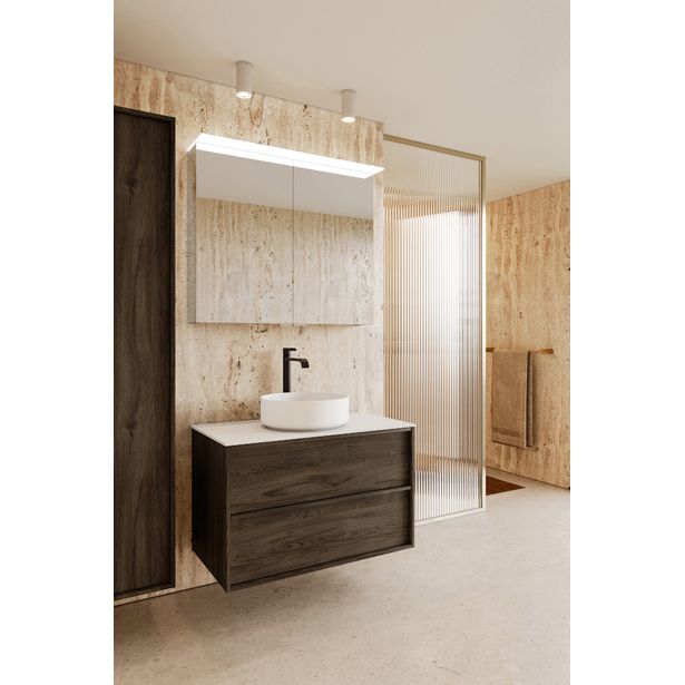 Allaskaappi malja-altaalla Hietakari Casa H08, 590x457 mm, tummanruskea tammi, valkoinen kivi taso