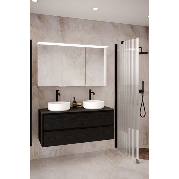 Allaskaappi kahdella malja-altaalla Hietakari Classic K05, 994x455 mm, musta puukuvio, musta kivi taso