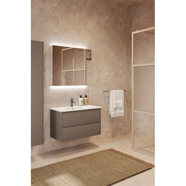 Allaskaappi altaalla Hietakari Luna L01, 584x455x490 mm, mattabeige, valkoinen keraaminen allas