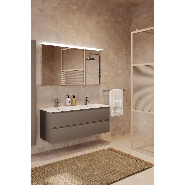 Allaskaappi kaksoisaltaalla Hietakari Luna L02, 1184x455x490 mm, mattabeige, valkoinen keraaminen allas