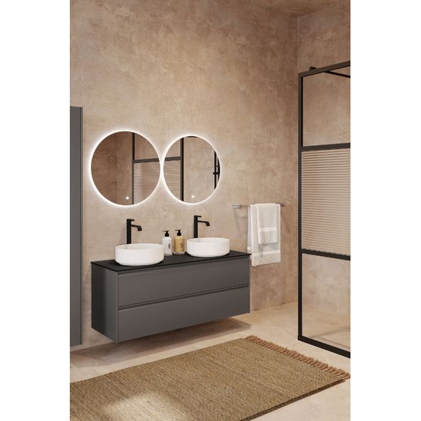 Allaskaappi kahdella malja-altaalla Hietakari Luna L10, 984x455 mm, mattaharmaa, musta kivi taso