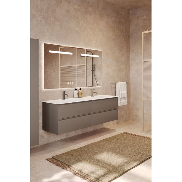 Kaksoisallaskaappi kaksoisaltaalla Hietakari Luna L07, 1168x455x490 mm, mattabeige, valkoinen Corian-allas