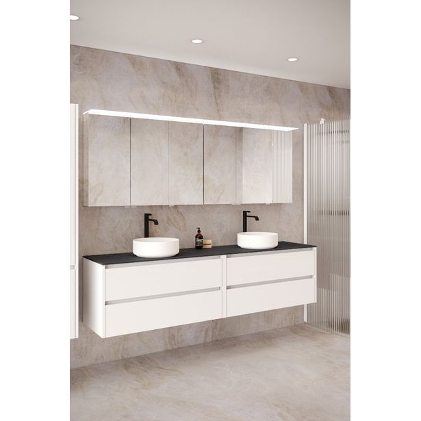 Kaksoisallaskaappi kahdella malja-altaalla Hietakari Classic K06, 1588x455 mm, mattavalkoinen, tummanharmaa kivi taso