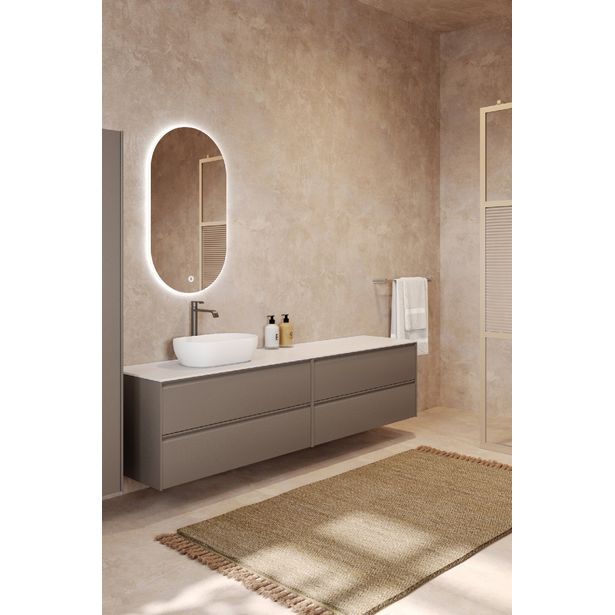 Kaksoisallaskaappi malja-altaalla Hietakari Luna L13, 1568x455 mm, mattabeige, valkoinen kivi taso