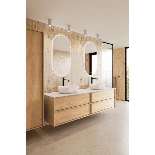 Kaksoisallaskaappi kahdella malja-altaalla Hietakari Casa H15, 1980x457 mm, vaalea tammi, valkoinen kivi taso