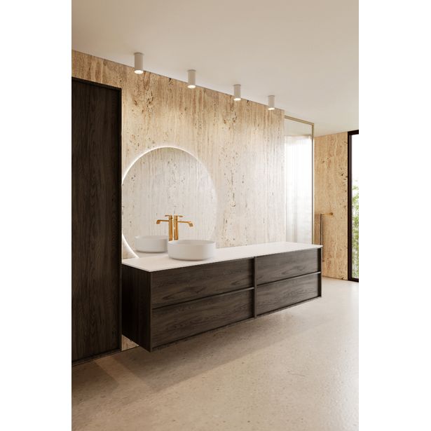 Kaksoisallaskaappi malja-altaalla Hietakari Casa H09, 1980x457 mm, tummanruskea tammi, valkoinen kivi taso