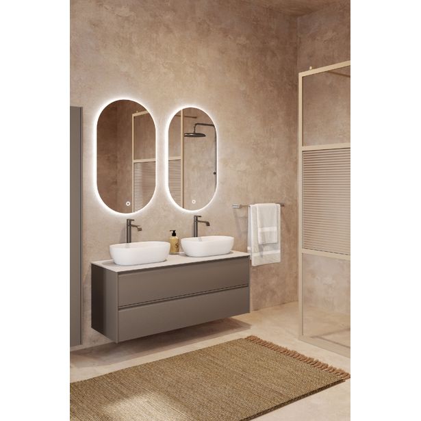 Allaskaappi kahdella malja-altaalla Hietakari Luna L14, 1184x455 mm, mattabeige, valkoinen kivi taso